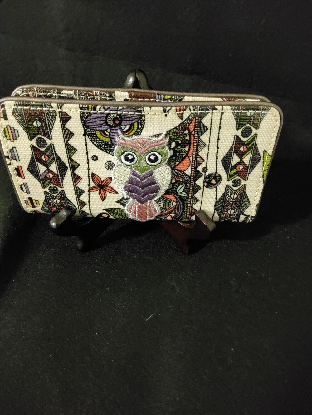 Sakroots Owl Pattern Wallet - Cream with Purple & Green Accents